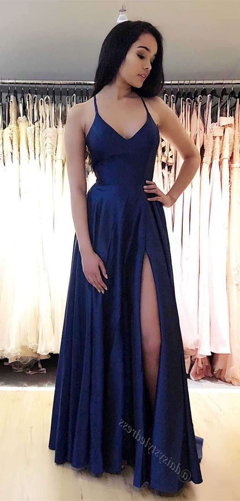 Sexy Spaghetti Straps Slit Navy Blue Prom Dress – daisystyledress