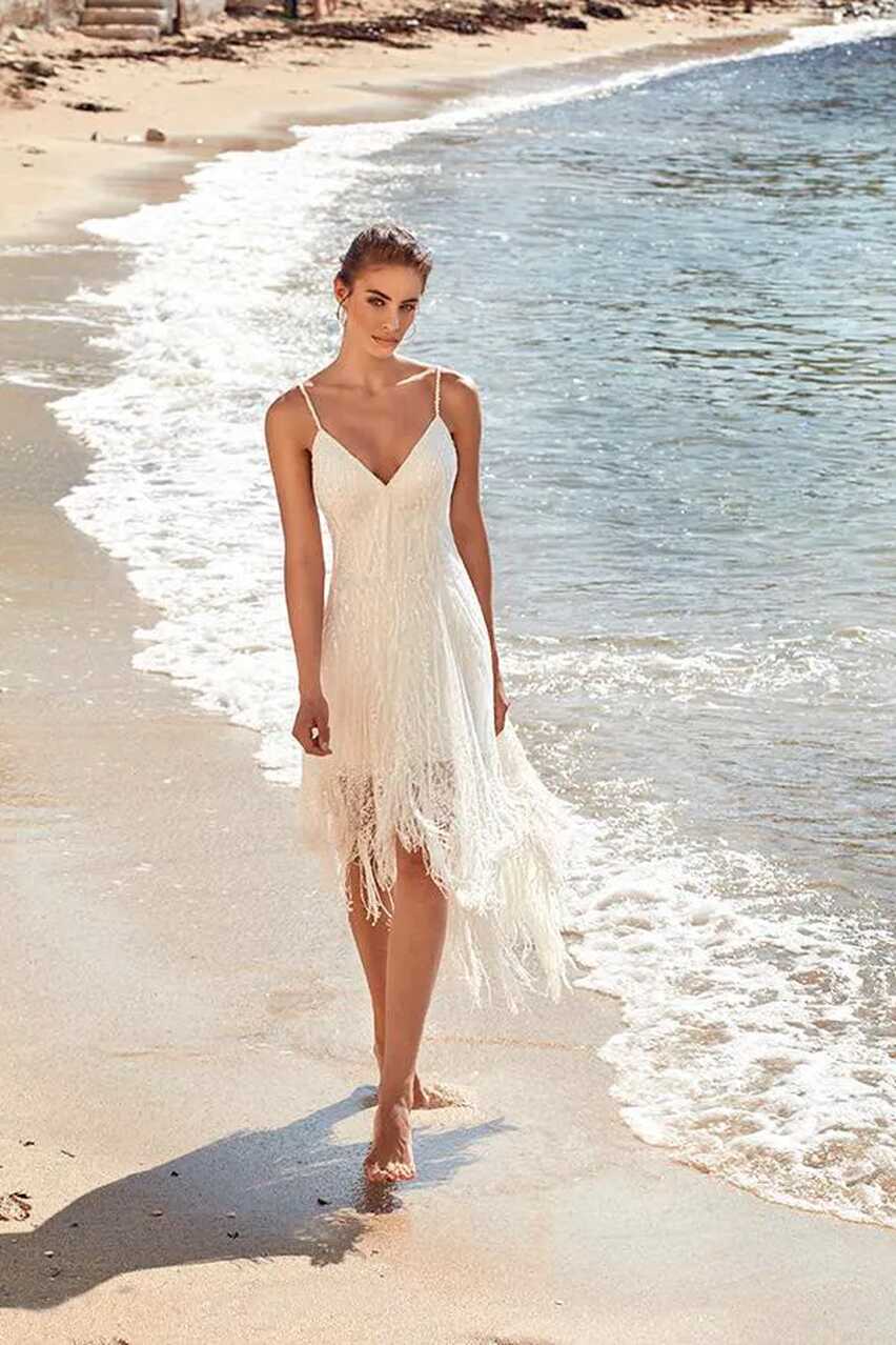 Sexy Spaghetti V Neck A Line Beach Wedding Dresses Lace Tassel ...