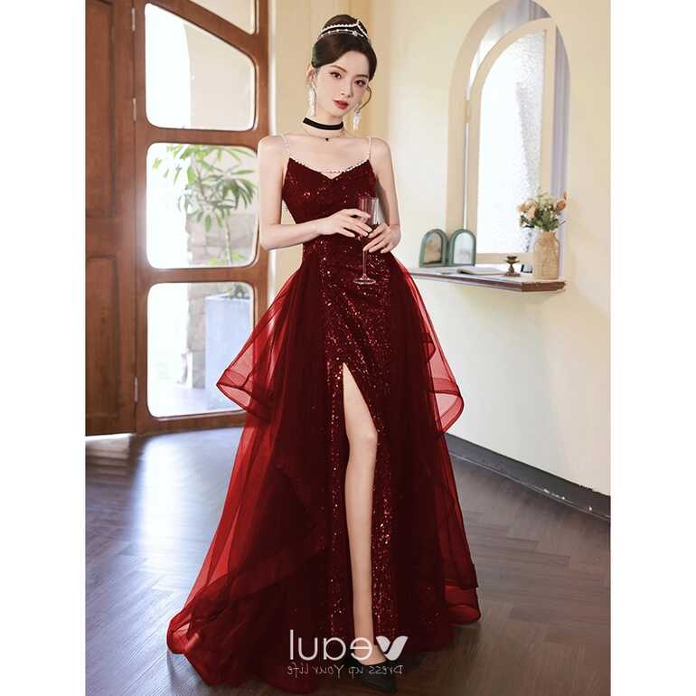 Sexy Sparkly Burgundy Sequins Evening Dresses 2023 Trumpet ...