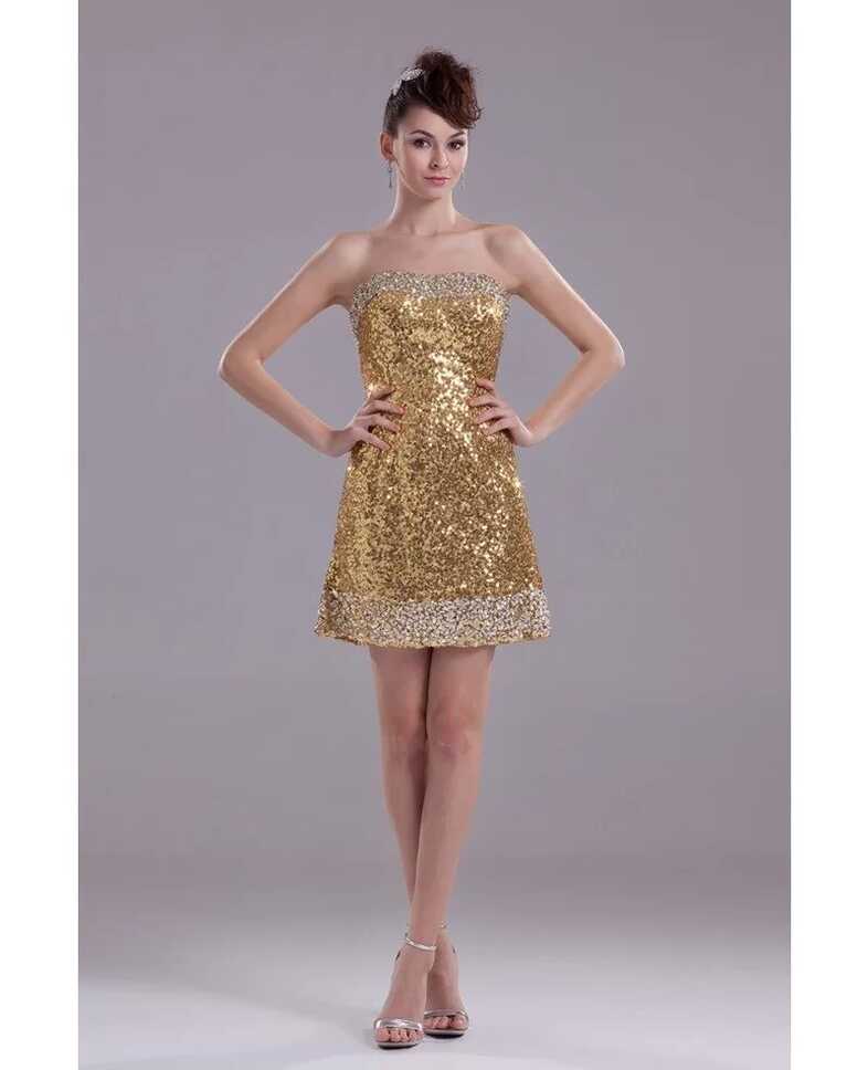 Sexy Strapless Short Cocktail Gold Sequined Party Dress with ...