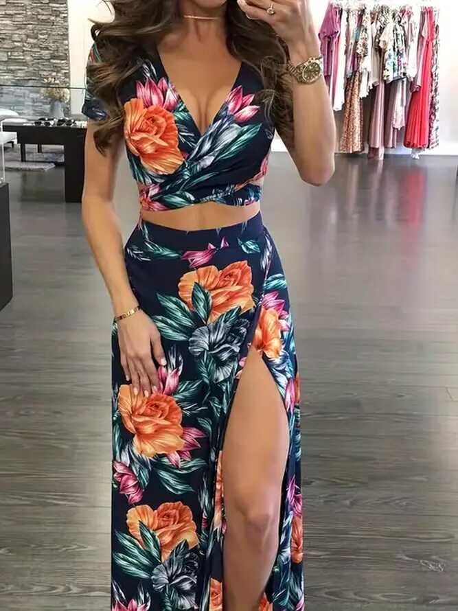 Sexy Summer Floral Print Skirt Two Piece Set Short Sleeve - Temu ...