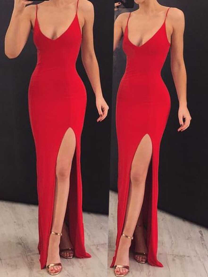 Sexy Tight Side Slit Bodycon Red Evening Dress Prom Dress