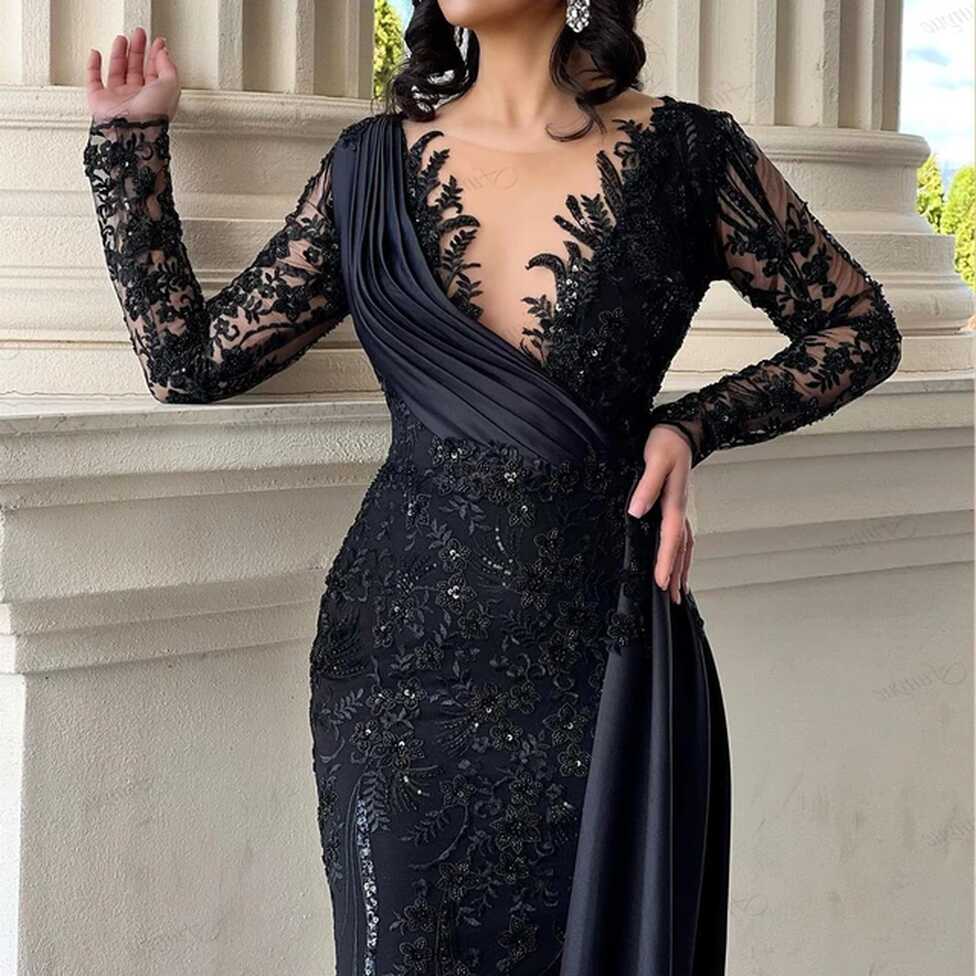 Sexy V-Neck Black Mermaid Prom Dresses Long Sleeves Formal Gowns ...