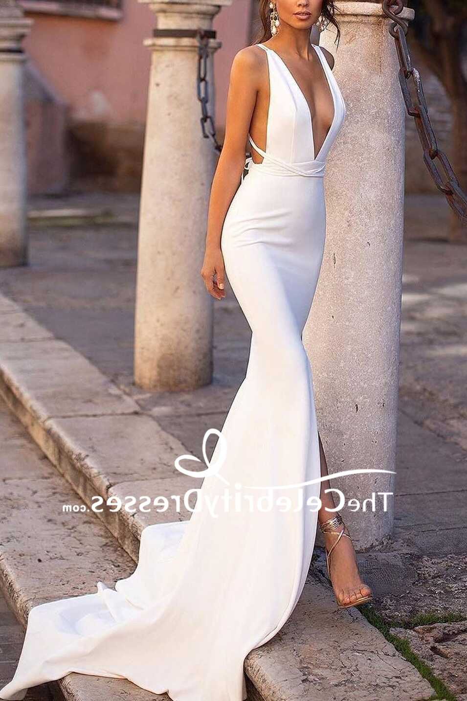 Sexy White Deep V-neck Slit Prom Dress - TheCelebrityDresses