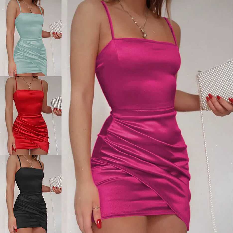 Sexy Women&#39;s Satin Silk Bodycon Mini Dress Ladies Strappy Party ...