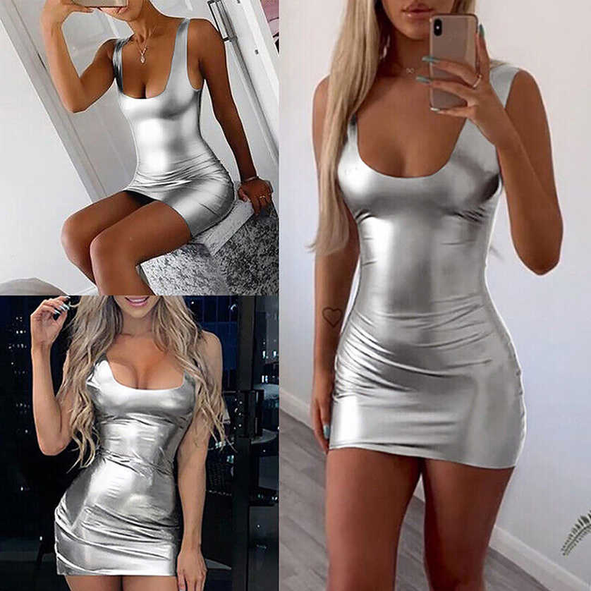 Sexy Women Bodycon Tight Mini Pencil Short Dress Wet Look Party ...