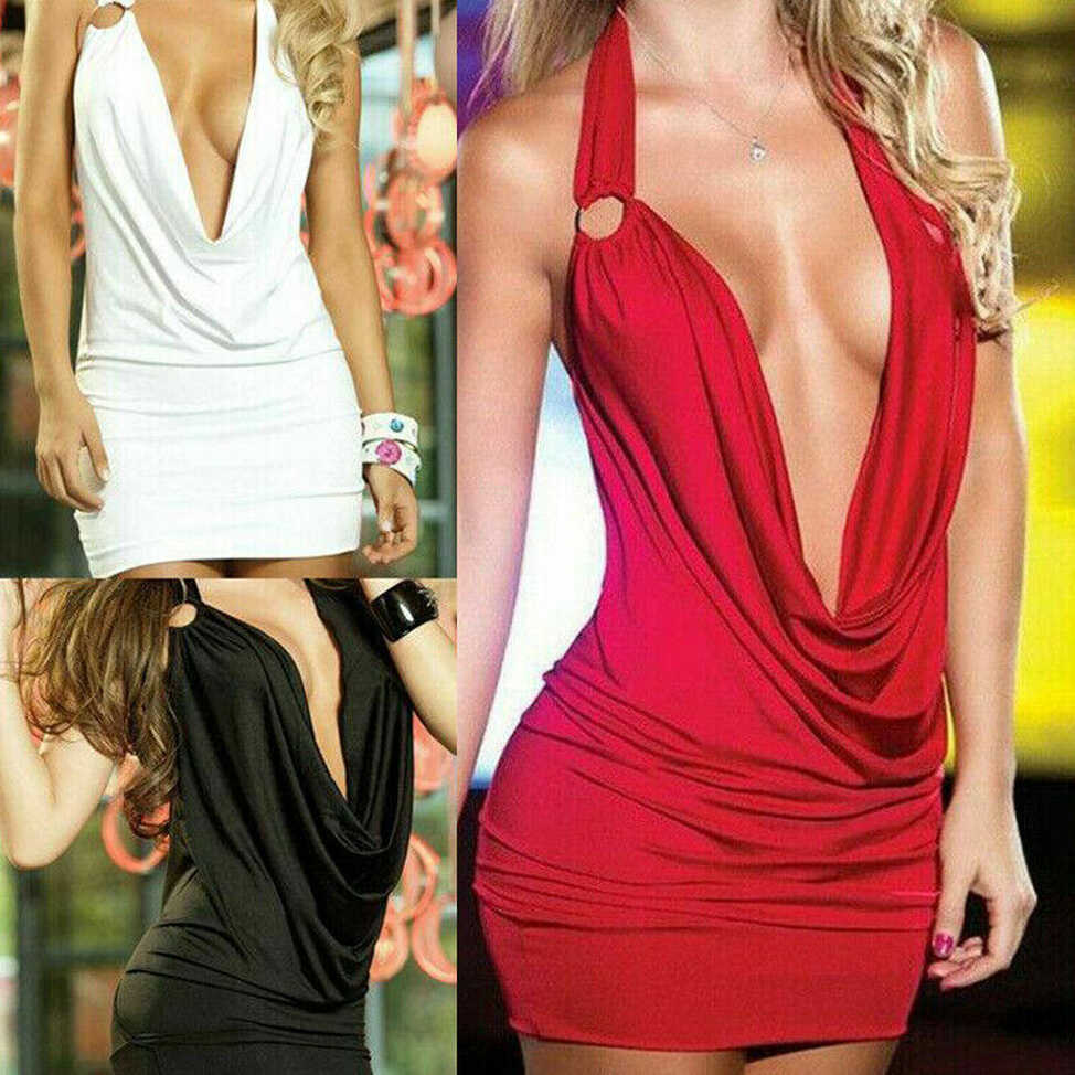 Sexy Women Deep V Neck Mini Dress Backless Bodycon Halterneck ...