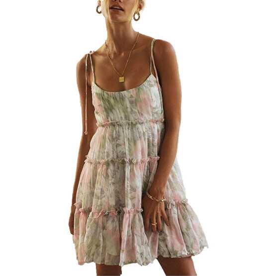 Sexy Women Ruffle Floral Print Sleeveless Mini Dress Spaghetti ...