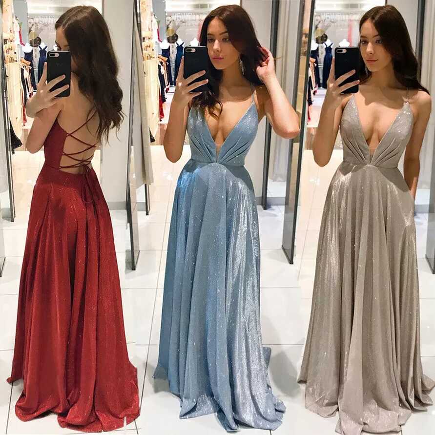 Sexy Womens Deep V Neck Dress Slim Fit Ball Gown Backless Lace Up ...