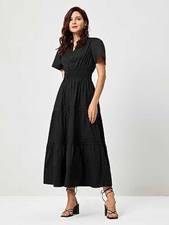 ShallWe Women&#39;s Basic Plain Black Summer Dress Casual Long Maxi ...