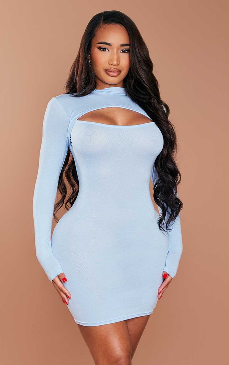 Shape Baby Blue Cut Out Long Sleeve Bodycon Dress ...