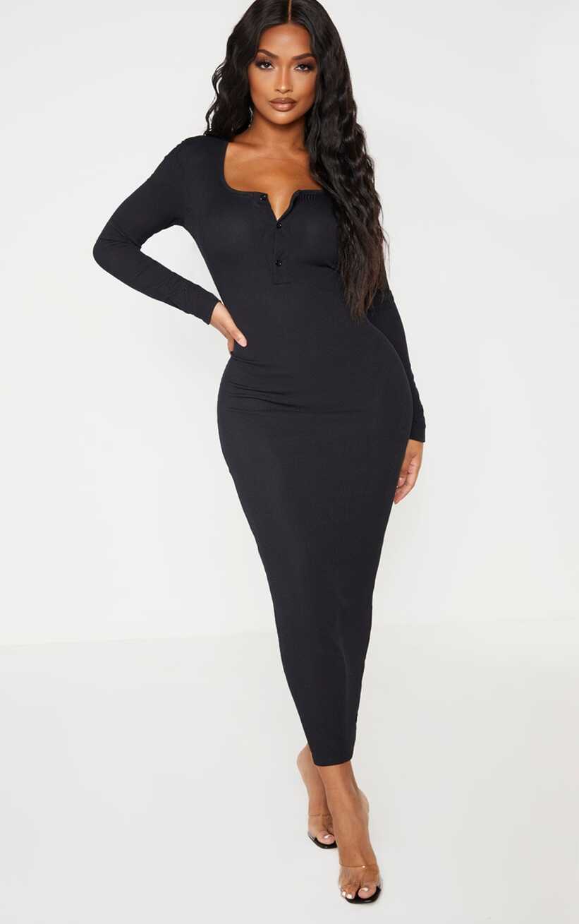 Shape Black Ribbed Button Front Long Sleeve Dress ...