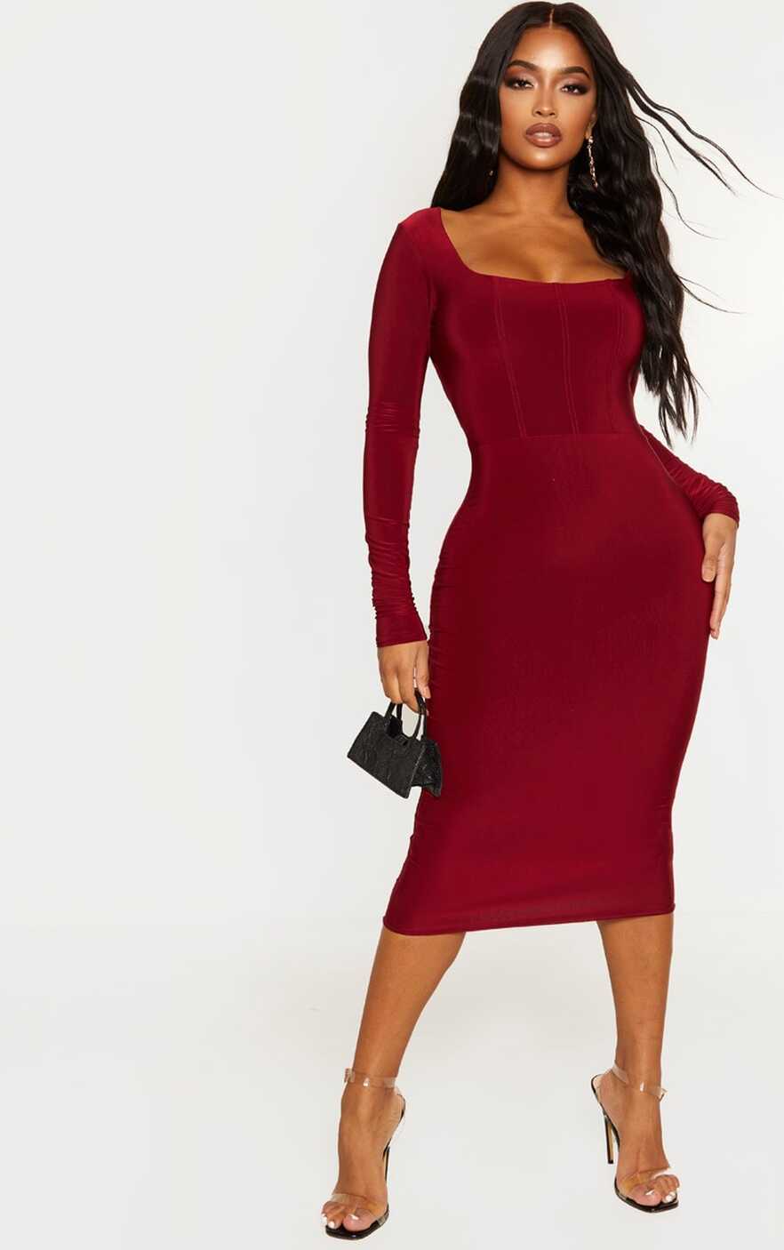 Shape Burgundy Slinky Panelled Midi Dress | PrettyLittleThing KSA