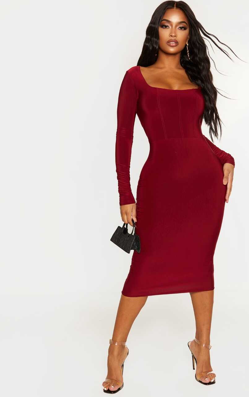 Shape Burgundy Slinky Panelled Midi Dress | PrettyLittleThing