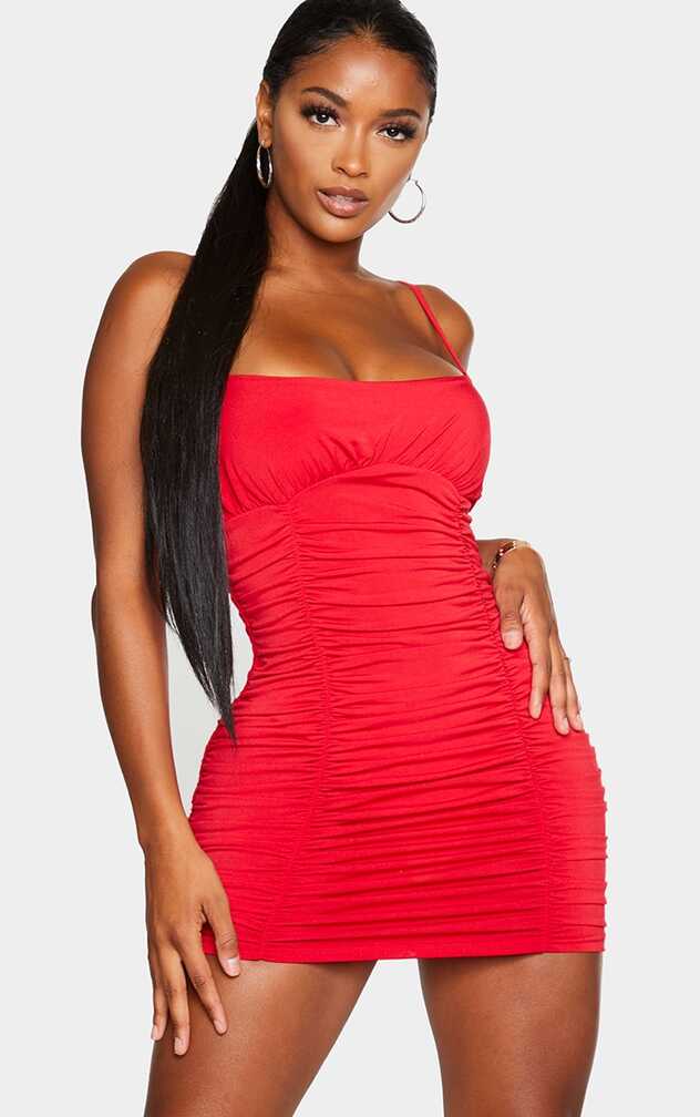 Shape Red Slinky Extreme Ruched Bodycon Dress | PrettyLittleThing