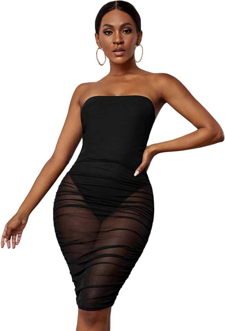 SheIn Mesh Ruched Bodycon Mini Dress, Strapless &amp; India | Ubuy