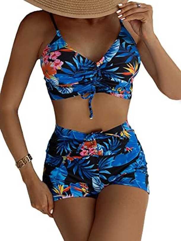 SheIn Women&#39;s 2 Piece Swimsuit Tropical Drawstring Bikini Top and ...