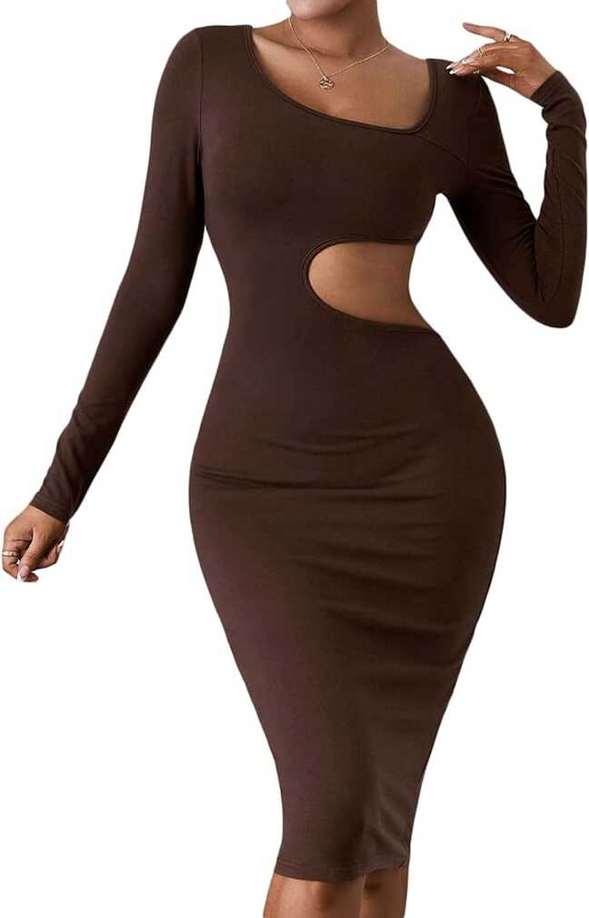 SheIn Women&#39;s Asymmetrical Neck Long Sleeve Cut Out Bodycon Pencil ...