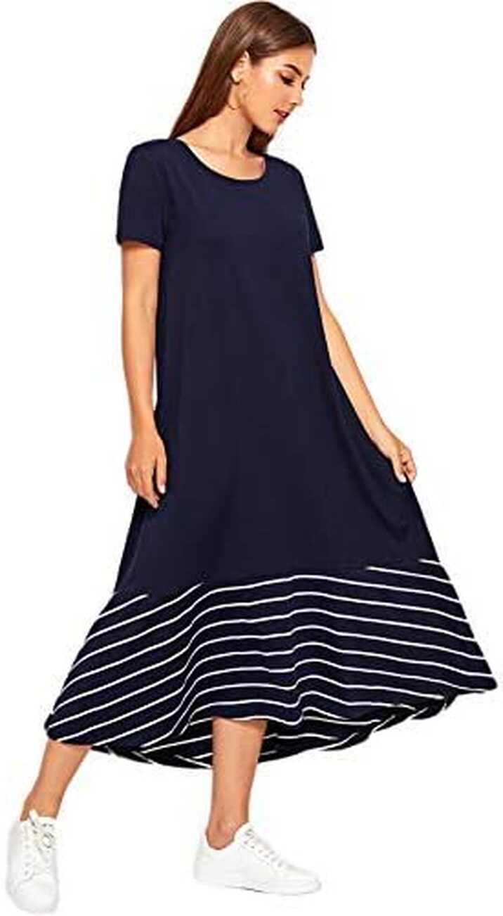 SheIn Women&#39;s Casual Round Neck Short Sleeve Striped Tunic Maxi ...