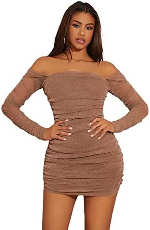 SheIn Women&#39;s Off Shoulder Glitter Ruched Mini Bodycon Dress Long ...