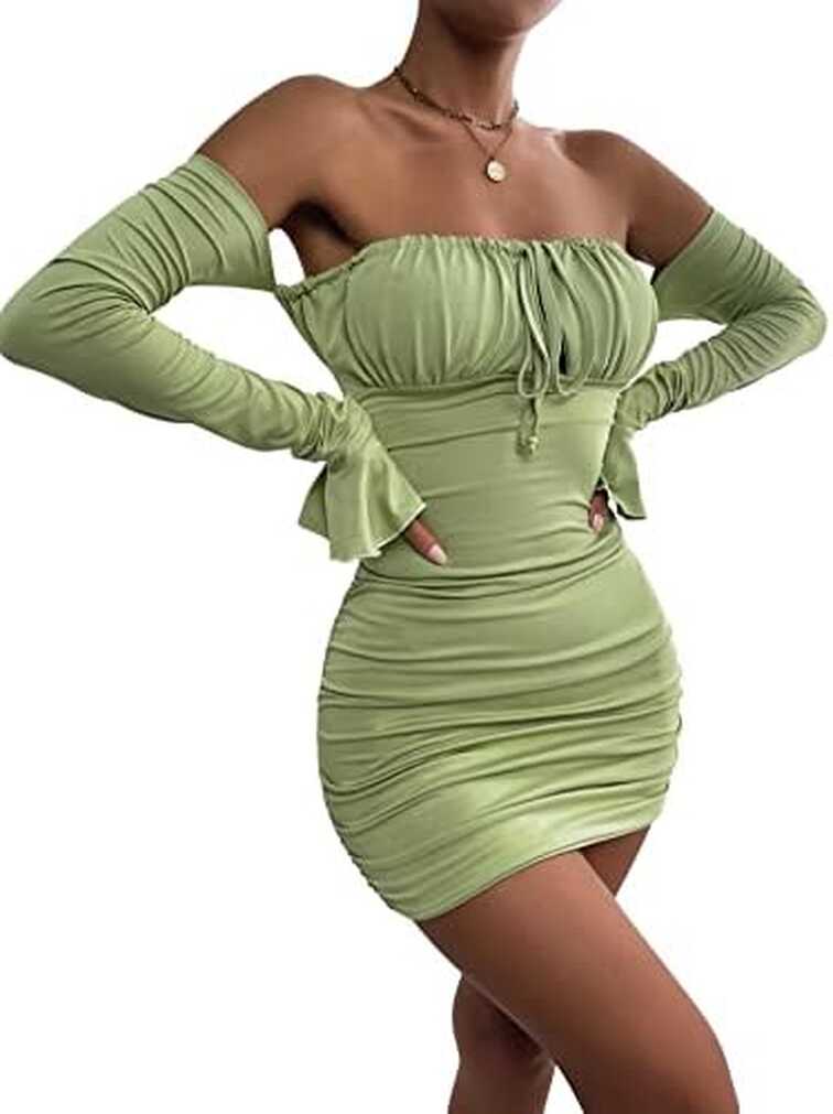 SheIn Women&#39;s Off Shoulder Ruched Mini Bodycon Dress Flounce Long ...