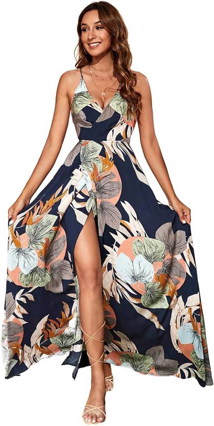 SheIn Women&#39;s Tropical Print Wrap Belted Maxi Dress V Neck ...