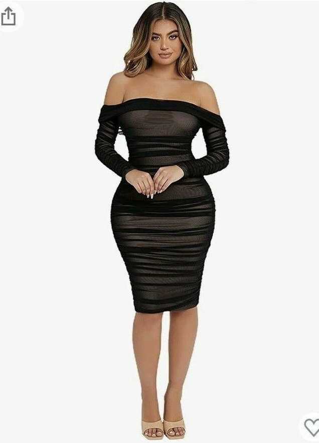 SheIn Womens Dress Bodycon Ruched Off Shoulder Long Sleeve Midi ...