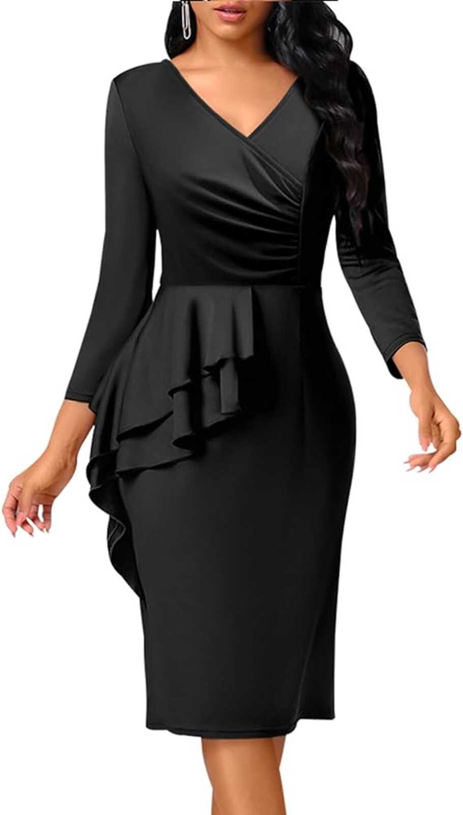 SheKiss Womens Casual Funeral Black Dress Ruched Knee Length Three ...