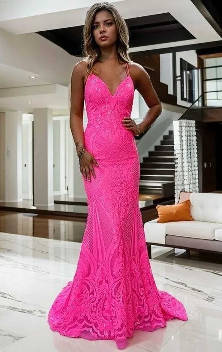 Sheath/Column V-neck Sweep Train Neon Pink Prom Dress, Size 6, NWT ...