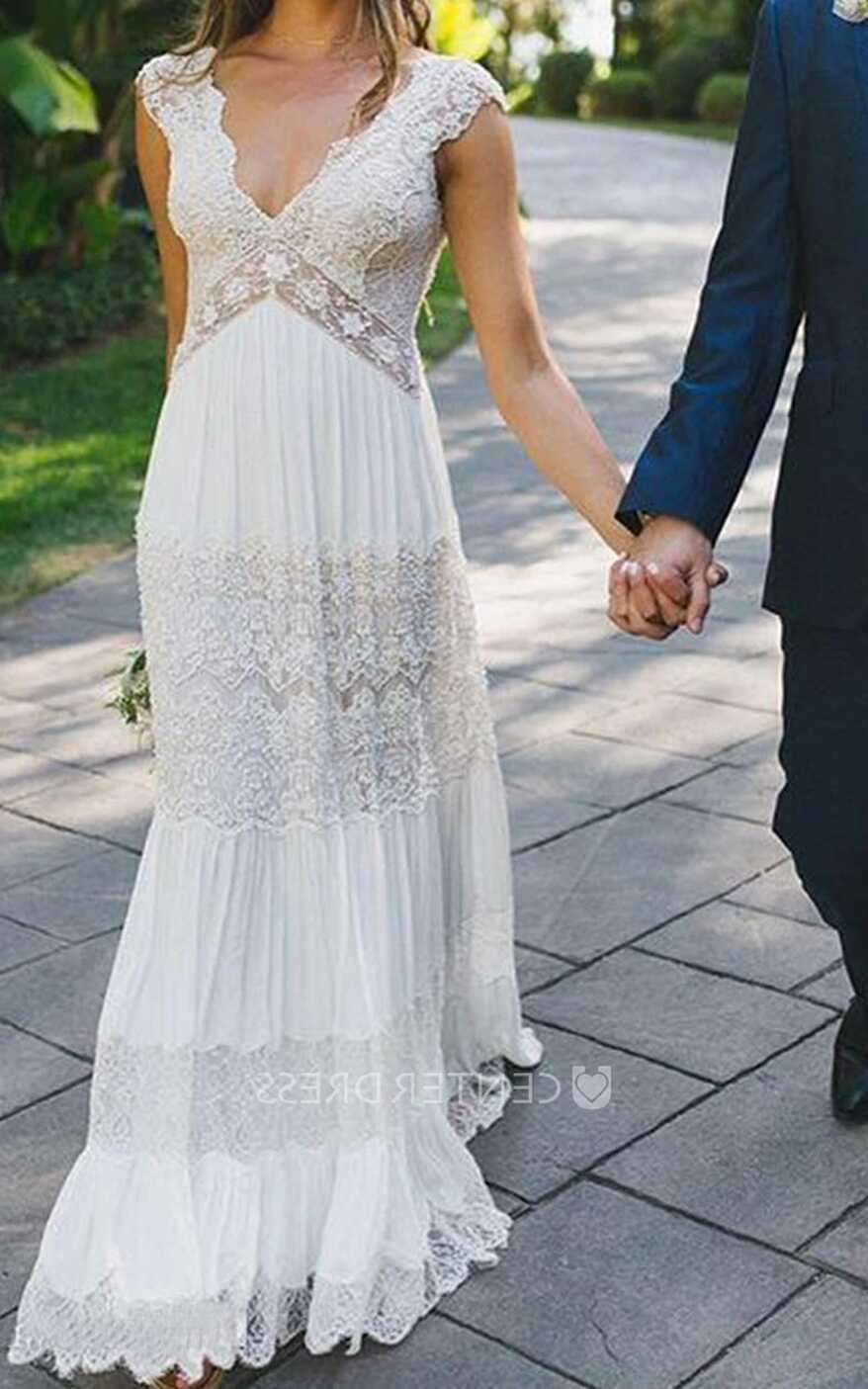 Sheath Lace Wedding Dress with Scalloped Hem Casual Beach Garden ...