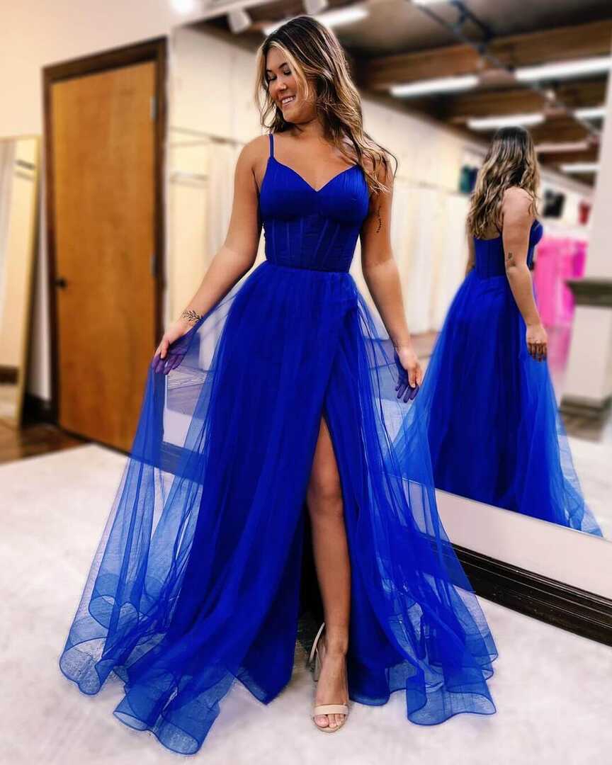 Sheath Tulle Royal BLue 2024 Prom Dresses V Neck – MyChicDress