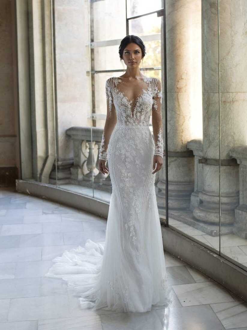 Sheath Wedding Dress With Long Sleeves, Tattoo-effect Back And ...