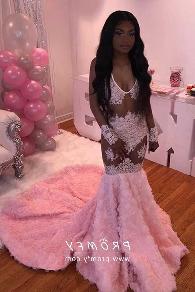 Sheer Lace Bodice 3D Rose Long Train Pink Prom Gown - Promfy