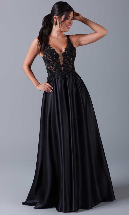 Sheer-Lace-Bodice Long Black A-Line Formal Dress