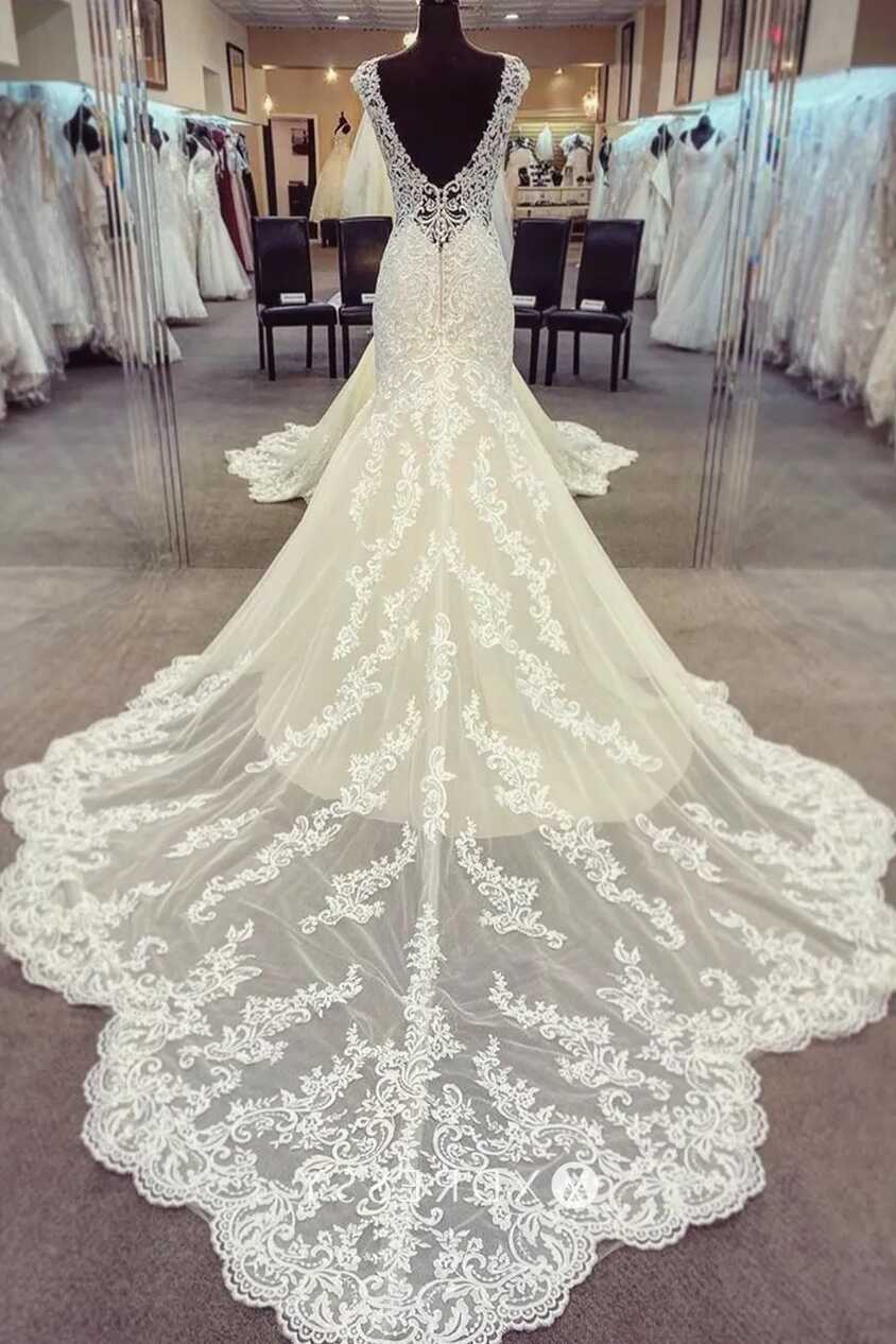 Sheer Lace Tulle Wedding Gown with Cathedral Train - Xdressy