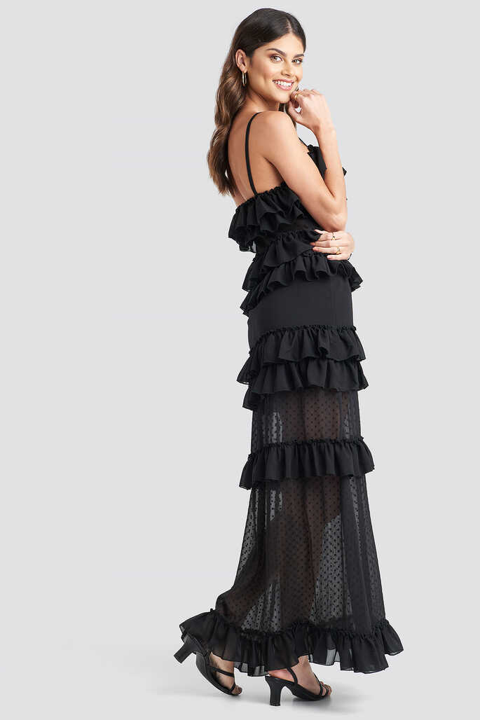 Sheer Ruffle Detail Maxi Dress Black | NA-KD