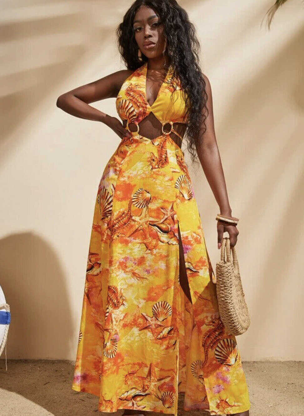 Shein halter yellow backless maxi vacation dress xs | eBay