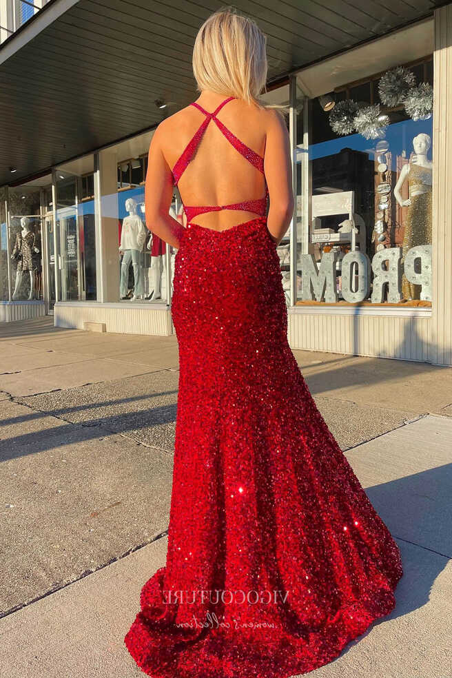 Shimmering Red Sequin Mermaid Prom Dress with Plunging V-Neck and ...