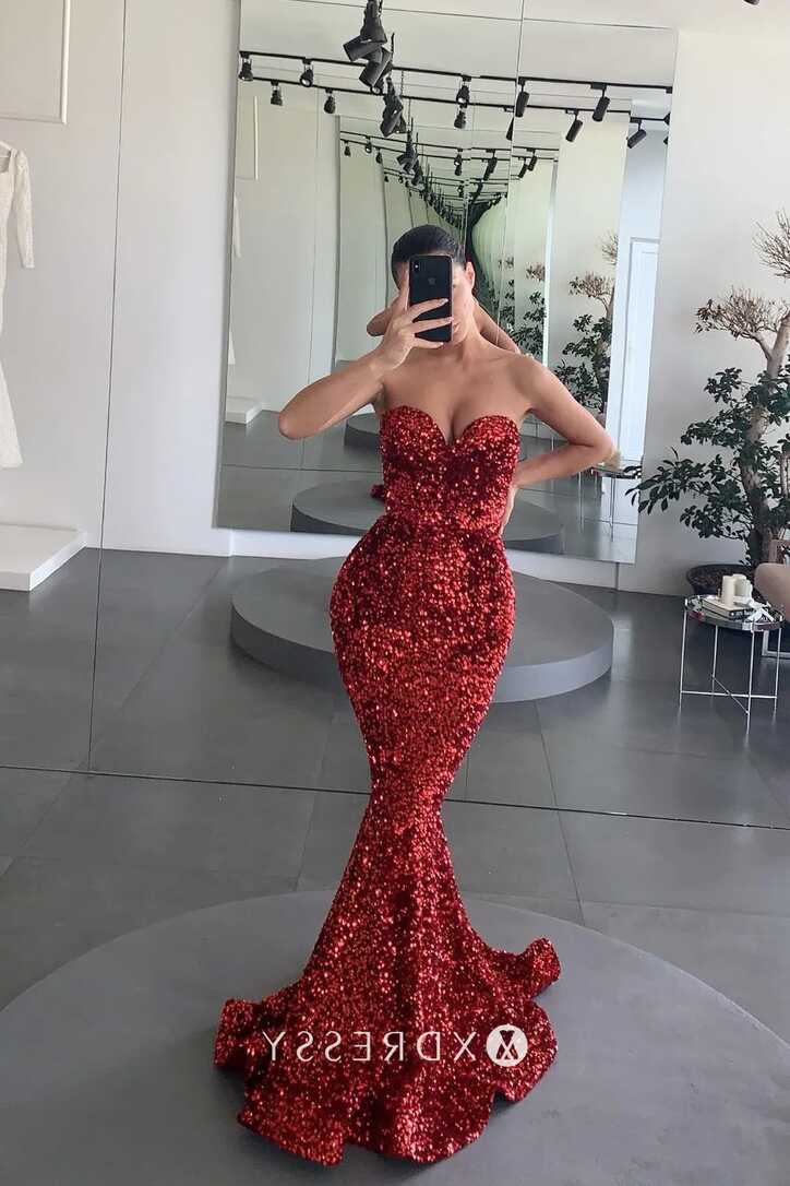 Shining Dark Red Sequin Sweetheart Neck Mermaid Dress - Xdressy