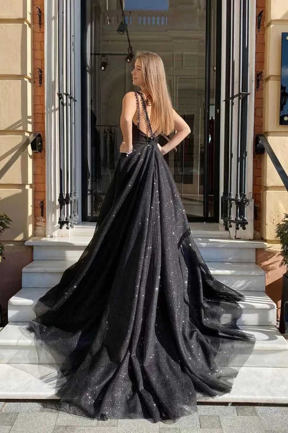 Shiny A-line Black Tulle Scoop Prom Dresses, New Style Long Party ...