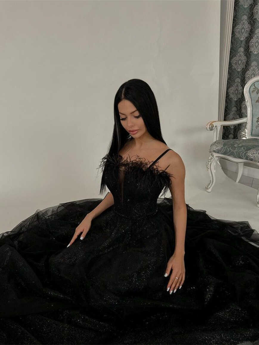 Shiny Black Sequin Tulle Prom Dresses With Feather Neckline, A ...