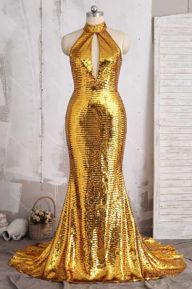 Shiny Gold Sequin Keyhole High Neck Plus Size Mermaid Prom Gown