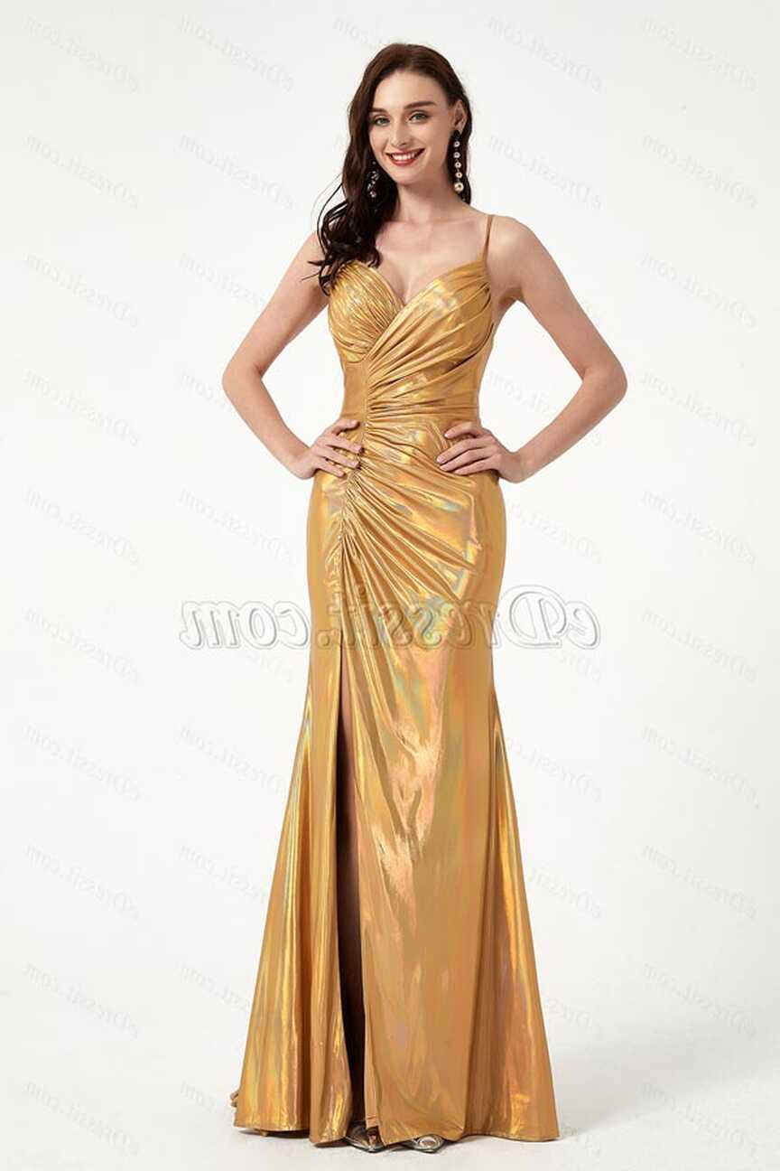 Shiny Gold-Yellow Pleated Elegant Party Evening Dress (00204503 ...