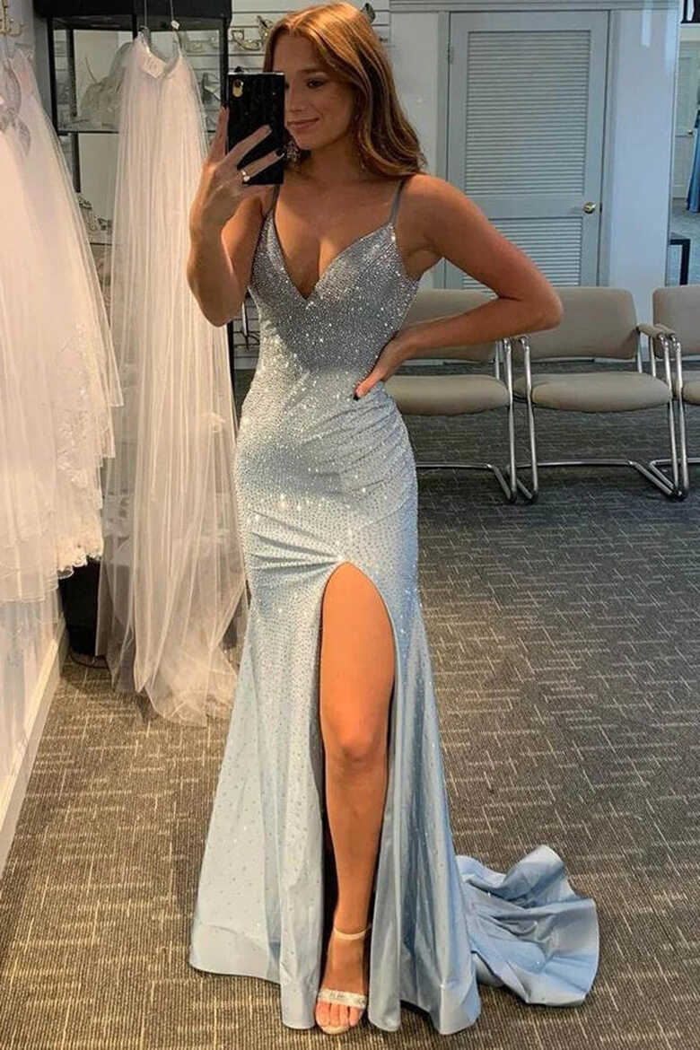 Shiny Light Blue Mermaid Prom Dresses With Slit MP766 | Musebridals