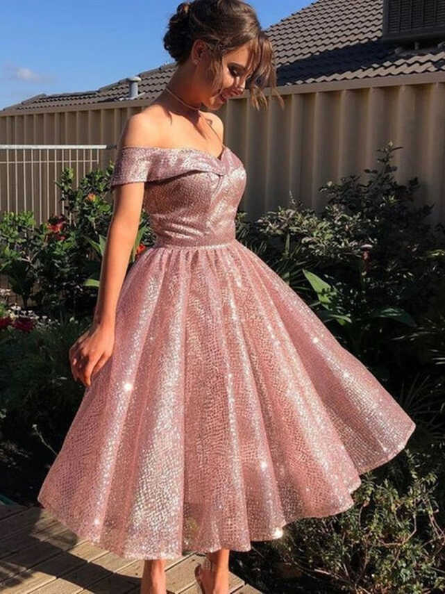 Shiny Off Shoulder Knee Length Rose Pink Prom, Sparkly Pink Formal ...