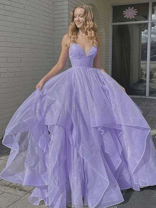 Shiny Princess Purple Prom Dresses 2024 Ruffles V-neck Sleeveless ...