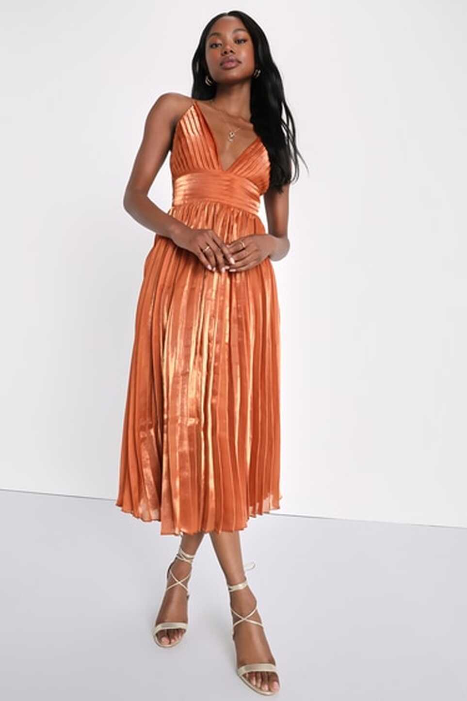 Shiny Rust Orange Dress - Pleated Midi Dress - Organza Dress - Lulus