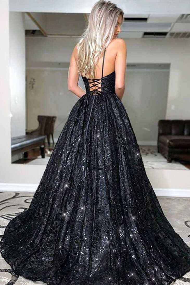 Shiny Sequins A Line V Neck Open Back Black Long Prom Dress ...