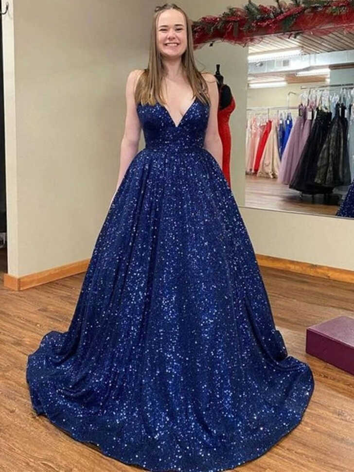 Shiny V Neck Navy Blue Long Prom Dresses, Sparkly Navy Blue Formal ...