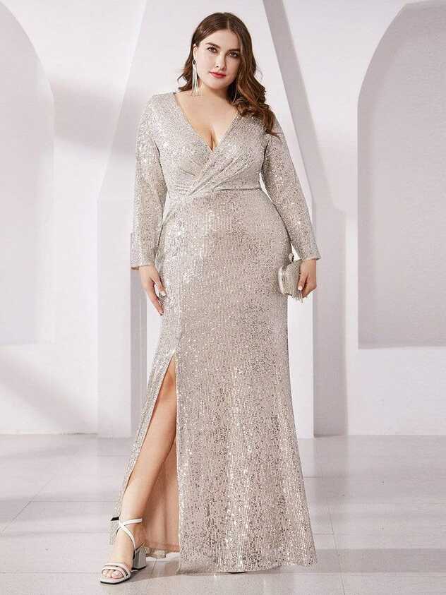 Shiny V Neck Plus Size Long Sleeve Sequin Formal Evening Dress ...